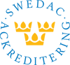 Tre gula kronor, två uppe och en under. Runt kronorna står det Swedac Ackreditering.