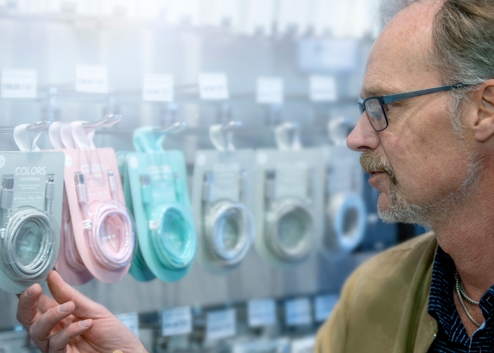 Robin Lundgren kollar på laddsladdar i en butik