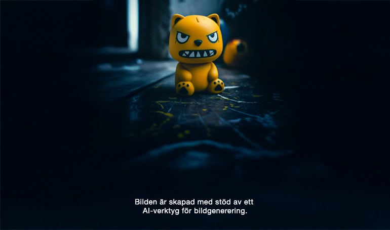 Liten leksaksfigur som är gul och visar sina tänder. Bilden är skapad med hjälp av AI-stöd för bildgenerering.